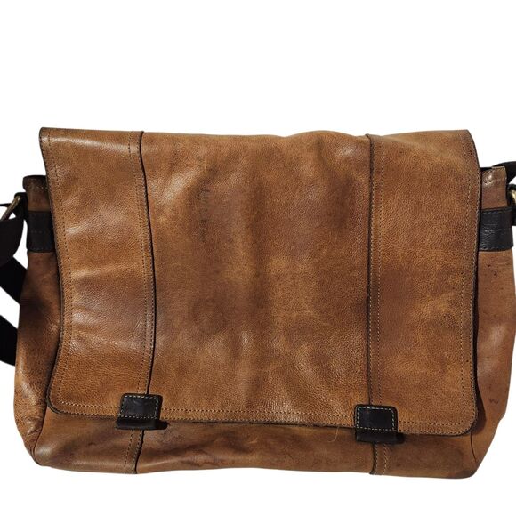 Fossil Brown Leather Briefcase Snap Shut Canvas Strap - Picture 1 of 11